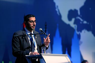 Nasser Al Hamli, Minister of Human Resources and Emiratisation, speaks during the closing summit of the Global Forum on Migration and Development in Quito, Ecuador. Jose Jacome / EPA