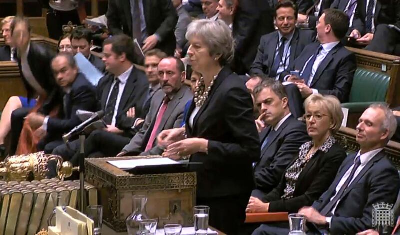In this image taken from Parliament TV, Britain's Prime Minister Theresa May makes a statement to the House of Commons about the European Council summit, in London, Monday Oct. 22, 2018.  May faces dissent from political opponents and from within her own ruling Conservative Party over her blueprint for the Brexit separation and future relations with the EU. (Parliament TV via AP)