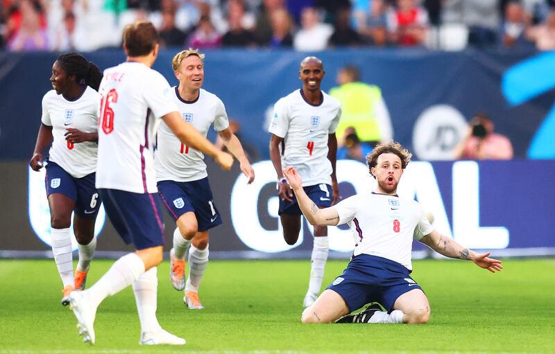 Tom Grennan of Team England celebrates after scoring their team's second goal. Getty Images