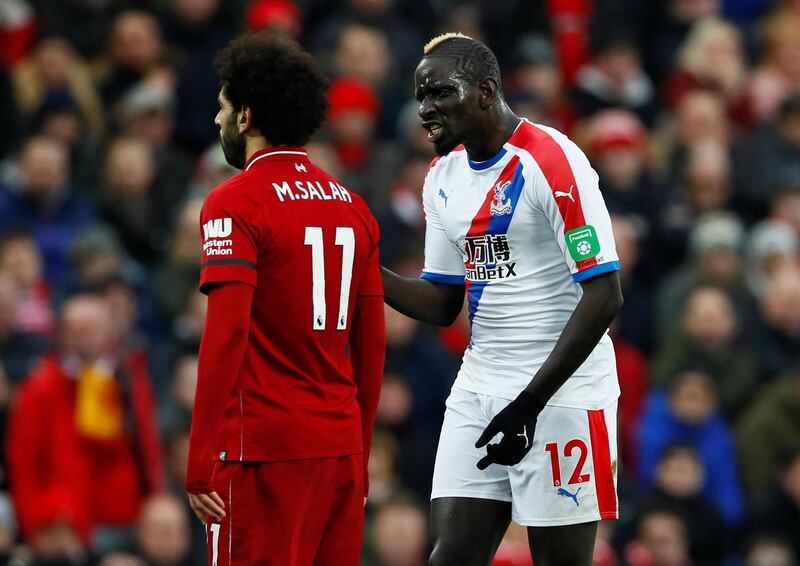 Crystal Palace's Mamadou Sakho reacts to Liverpool's Mohamed Salah. Action Images via Reuters