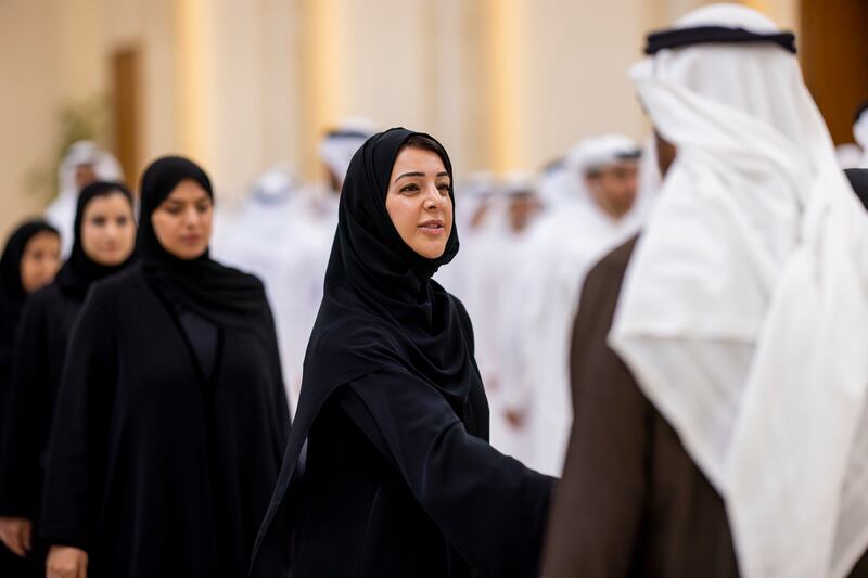 President Sheikh Mohamed receives condolences from Reem Al Hashimy, Minister of State for International Co-operation, on the passing of Sheikh Tahnoon bin Mohammed, Ruler's Representative in Al Ain Region, at Al Mushrif Palace. Ryan Carter / UAE Presidential Court