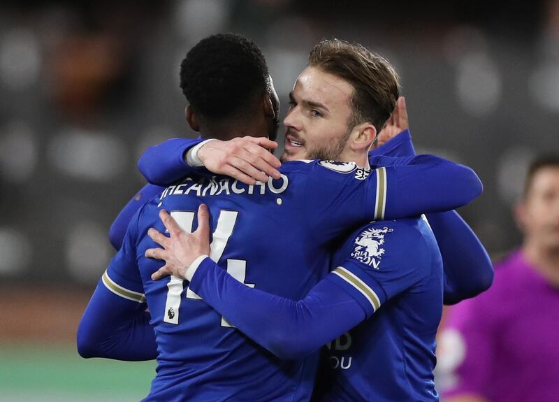 Soccer Football - Premier League - Fulham v Leicester City - Craven Cottage, London, Britain - February 3, 2021  Leicester City's Kelechi Iheanacho celebrates scoring their first goal with James Maddison Pool via REUTERS/Peter Cziborra EDITORIAL USE ONLY. No use with unauthorized audio, video, data, fixture lists, club/league logos or 'live' services. Online in-match use limited to 75 images, no video emulation. No use in betting, games or single club /league/player publications.  Please contact your account representative for further details.