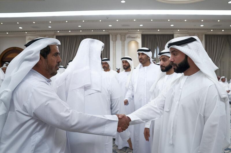 ABU DHABI, UNITED ARAB EMIRATES - November 21, 2019: HH Dr Sheikh Hazza bin Sultan bin Zayed Al Nahyan (R) and HH Dr Sheikh Khaled bin Sultan bin Zayed Al Nahyan (2nd R), receive mourners who are offering condolences on the passing of the late HH Sheikh Sultan bin Zayed Al Nahyan, at Al Mushrif Palace.

( Mohamed Al Hammadi / Ministry of Presidential Affairs )
---
