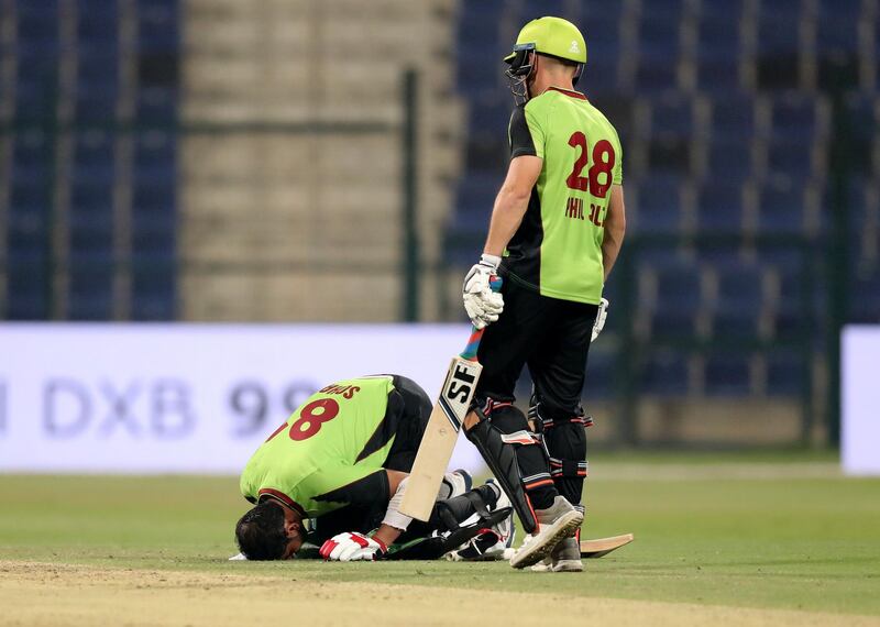 Abu Dhabi, United Arab Emirates - October 04, 2018: Lahore's Sohail Akhtar makes 100 in the game between Lahore Qalandars and Yorkshire in the Abu Dhabi T20 competition. Thursday, October 4th, 2018 at Zayed Cricket Stadium, Abu Dhabi. Chris Whiteoak / The National