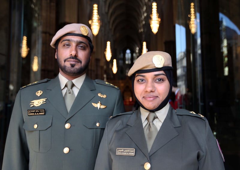 LONDON Wednesday 1st May 2013.  Emirati Sandhurst graduates Second Lt Mouza Khamis al Nuaimi (the first ever female Sandhurst  Emirati graduate) and First Lt Hamad al Ameri  at Westminster Abbey in London where they assisted Sheikh Khlaifa in laying a wreath at the Tomb of the Unknown Warrior on the second day of his state visit, Wednesday 1st May 2013.  Stephen Lock for The National