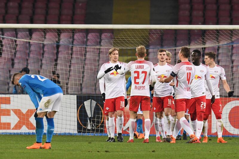 epa06530034 Leipzig's Timo Werner (C) celebrate with teammates during the UEFA Europa League Round of 32 first leg soccer match between SSC Napoli and RB Leipzig at San Paolo stadium in Naples, Italy, 15 Febraury 2018.  EPA/CIRO FUSCO