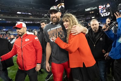 Travis Kelce and Taylor Swift after a game between the Kansas City Chiefs and Baltimore Ravens on January 28. AP