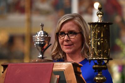 Lucy Hawking, daughter of Stephen Hawking, speaks at a memorial service for British scientist Stephen Hawking during which his ashes will be buried in the nave of the Abbey church, at Westminster Abbey, in London, Britain, June 15, 2018. Ben Stansall/Pool via REUTERS