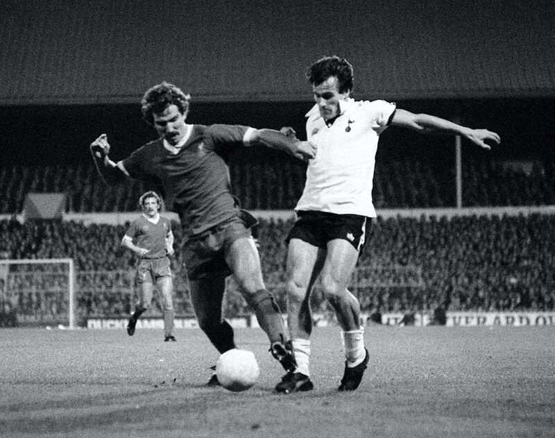 Liverpool's Graeme Souness (left) battles for the ball with Peter Taylor of Tottenham Hotspur, during their Division One football match at White Hart Lane, in London.   (Photo by PA Images via Getty Images)