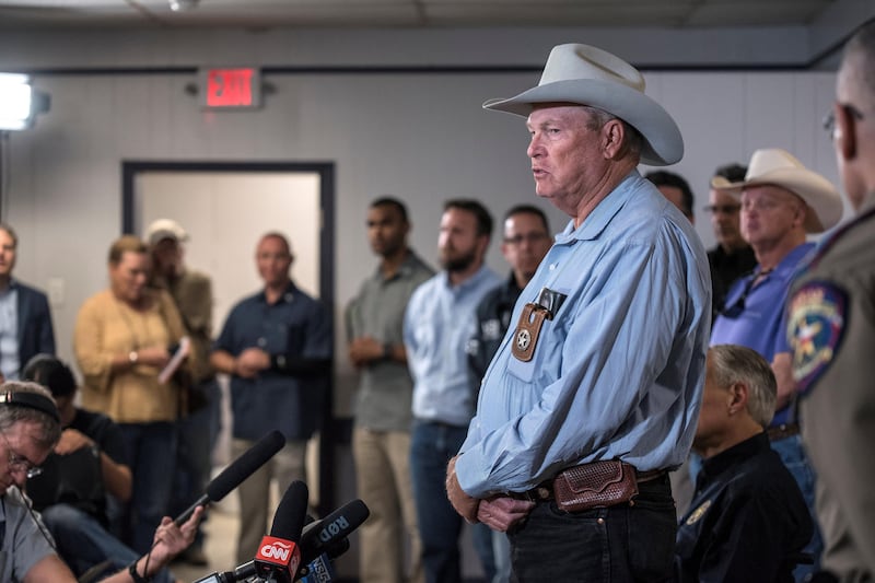 Wilson County Sheriff Joe Tackett gives an update during a news conference at the Stockdale Community Center following a shooting at the First Baptist Church in Sutherland Springs that left many dead and injured in Stockdale, Texas, U.S., November 5, 2017.   REUTERS/Sergio Flores