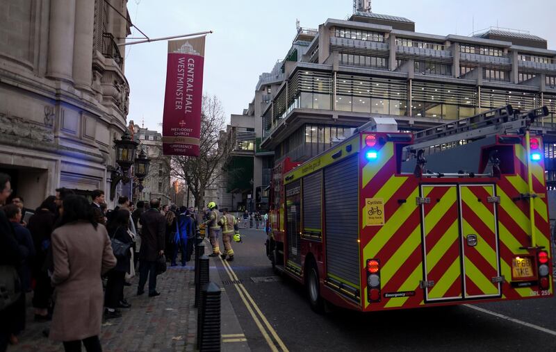 A fire brigade truck parks outside Central Hall Westminster during an evacuation in the early morning hours in London. The venue is set to host the NATO Summit on 03-04 December 2019. Central Hall Westminster was reopened after one hour.  EPA