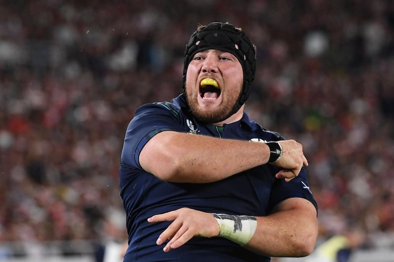 Scotland's prop Zander Fagerson celebrates after scoring his team's third try against Japan. AFP