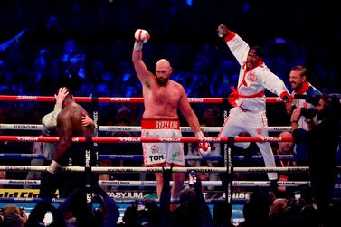 Boxing - Tyson Fury v Dillian Whyte - WBC World Heavyweight Title - Wembley Stadium, London, Britain - April 23, 2022  Tyson Fury celebrates winning his fight against Dillian Whyte Action Images via Reuters / Peter Cziborra     TPX IMAGES OF THE DAY