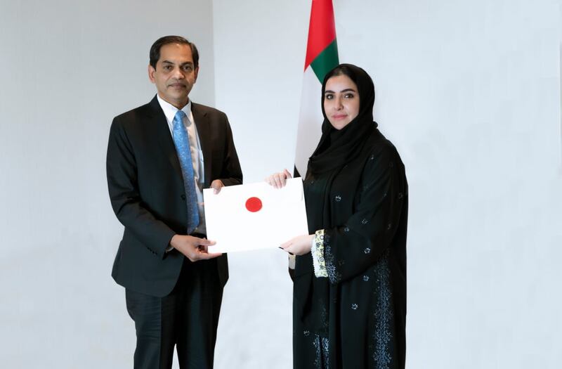 Alya Almehrezi, assistant undersecretary for the Protocols Affairs Office at the Ministry of Foreign Affairs and International Co-operation, receives the credentials of Sunjay Sudhir, India's new ambassador to the UAE. Photo: Wam