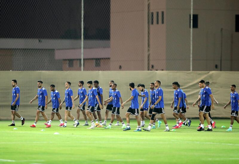 The UAE national team train before the game between the UAE and Malaysia in the World cup qualifiers at the Zabeel Stadium, Dubai on June 2nd, 2021. Chris Whiteoak / The National. 
Reporter: John McAuley for Sport