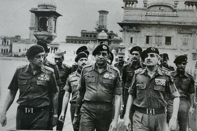 Senior Indian army officers at the site of Operation Blue Star, in the Golden Temple in Amritsar, India, in 1984. Getty Images