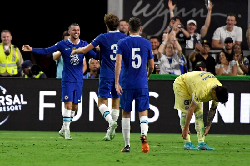 Chelsea midfielder Mason Mount, left, celebrates with teammates team after scoring against Club America during the second half of a friendly match on Saturday, July 16, 2022, in Las Vegas. AP