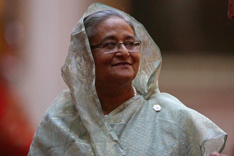 (FILES) In this file photo taken on April 19, 2018, Bangladesh's Prime Minister Sheikh Hasina arrives to attend the "Queen's Dinner" during the Commonwealth Heads of Government Meeting (CHOGM) at Buckingham Palace in London. Prime Minister Sheikh Hasina heads to the polls in Bangladesh on December 30, 2018 on course for a historic victory, while her ailing opponent faces an uncertain future in a colonial-era Dhaka jail. - TO GO WITH Bangladesh-unrest-vote-Zia,FOCUS by Shafiqul Alam
 / AFP / POOL / Daniel LEAL-OLIVAS / TO GO WITH Bangladesh-unrest-vote-Zia,FOCUS by Shafiqul Alam
