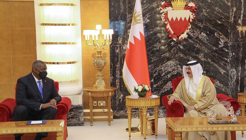 The Secretary of Defence also meets Bahrain's King Hamad in Manama. AFP