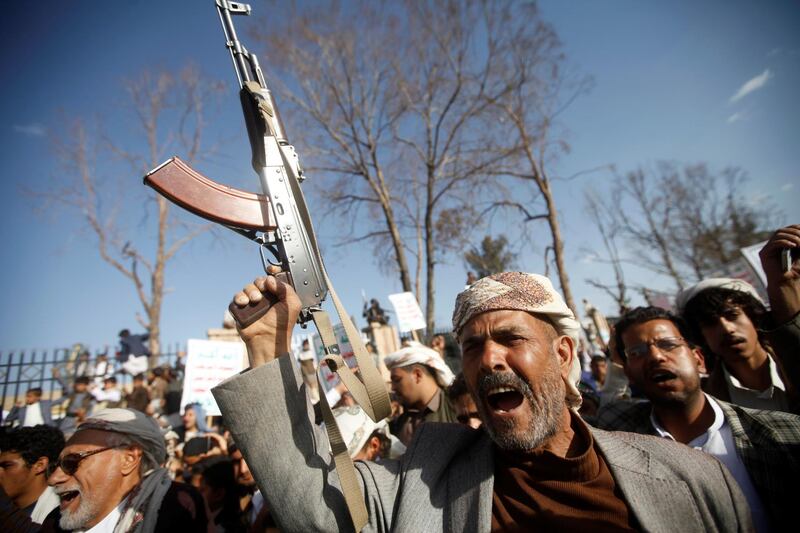 A man chants slogans as he and supporters of the Houthi movement attend a rally to celebrate following claims of military advances by the group near the borders with Saudi Arabia, in Sanaa, Yemen October 4, 2019. REUTERS/Mohamed al-Sayaghi