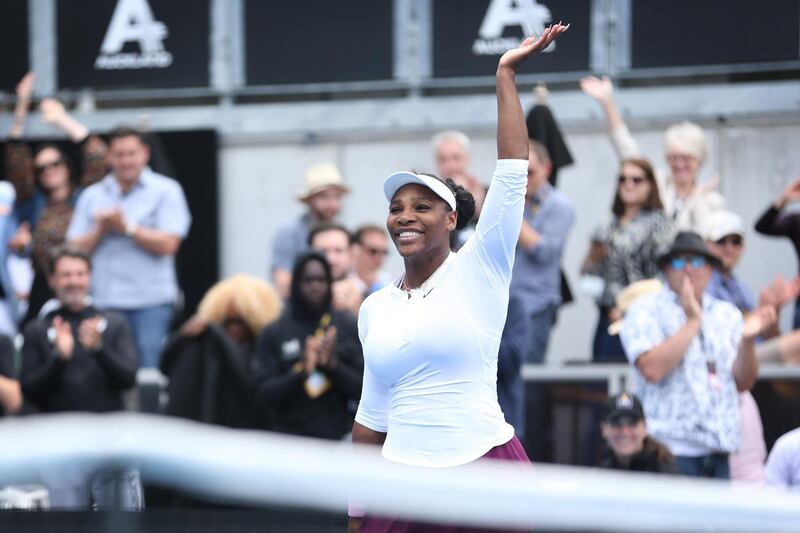 Serena Williams waves to the crowd after her first round win against Camila Giorgi. Getty Images