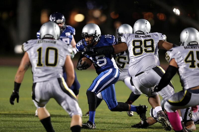 Dubai, United Arab Emirates - March 16th, 2018: Dubai Barracudas Gary Sillman during the Desert bowl between the Dubai Barracudas and the Abu Dhabi Wildcats. Friday, March 16th, 2018. Sport City, Dubai. Chris Whiteoak / The National