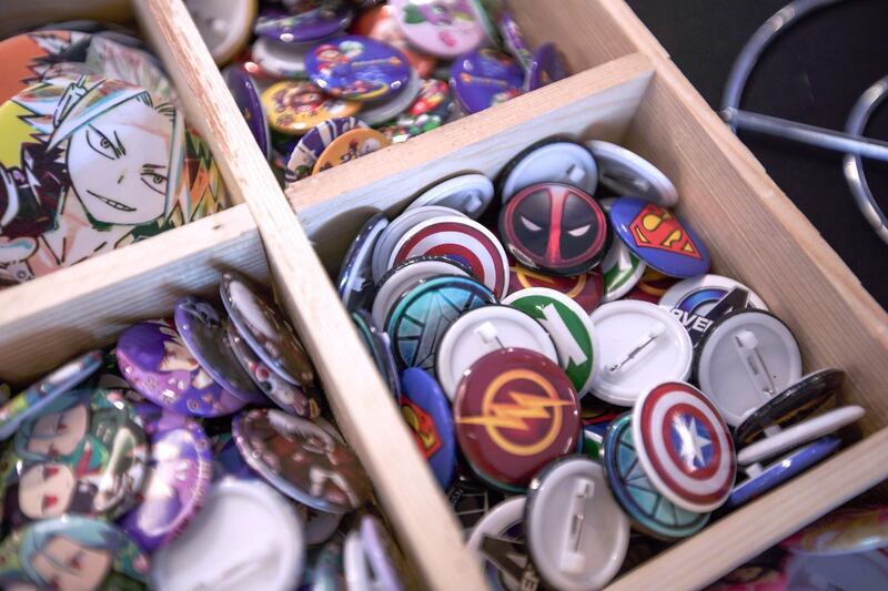 Dubai, United Arab Emirates, February 21, 2020.  
Cosplay at Esports Festival World Finals at Meydan Grandstand, Dubai.  Pins for sale.
Victor Besa / The National
SeSection:  WK
Reporter:  None