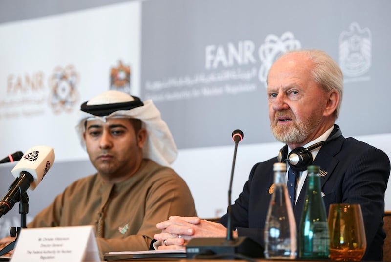 Abu Dhabi, United Arab Emirates - Left, H.E. Ambassador Hamad Ali Al Kaabi, Deputy Chairman of Federal Authority for Nuclear Regulation and Mr. Christer Viktorsson, Director General at the Federal Authority for Nuclear Regulation during the media briefing on the Barakah Nuclear Plant at Four Seasons, Al Maryah Island. Khushnum Bhandari for The National