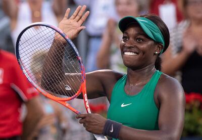 Sloane Stephens, of the United States, celebrates her victory over Elina Svitolina, of Ukraine, at the Rogers Cup women's tennis tournament in Montreal, Saturday, Aug. 11, 2018. (Paul Chiasson/The Canadian Press via AP)