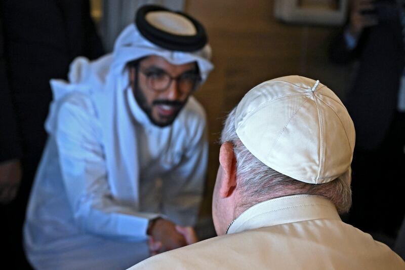 The pontiff personally greeted each of the 60 or so media personnel while on the flight from Rome to Manama, Bahrain. AP