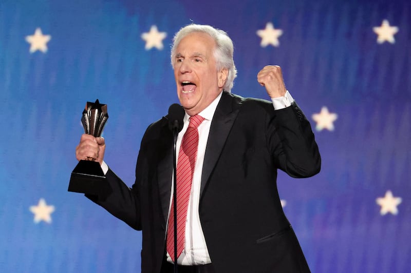 Henry Winkler accepts the Best Supporting Actor in a Comedy Series award for Barry. Reuters