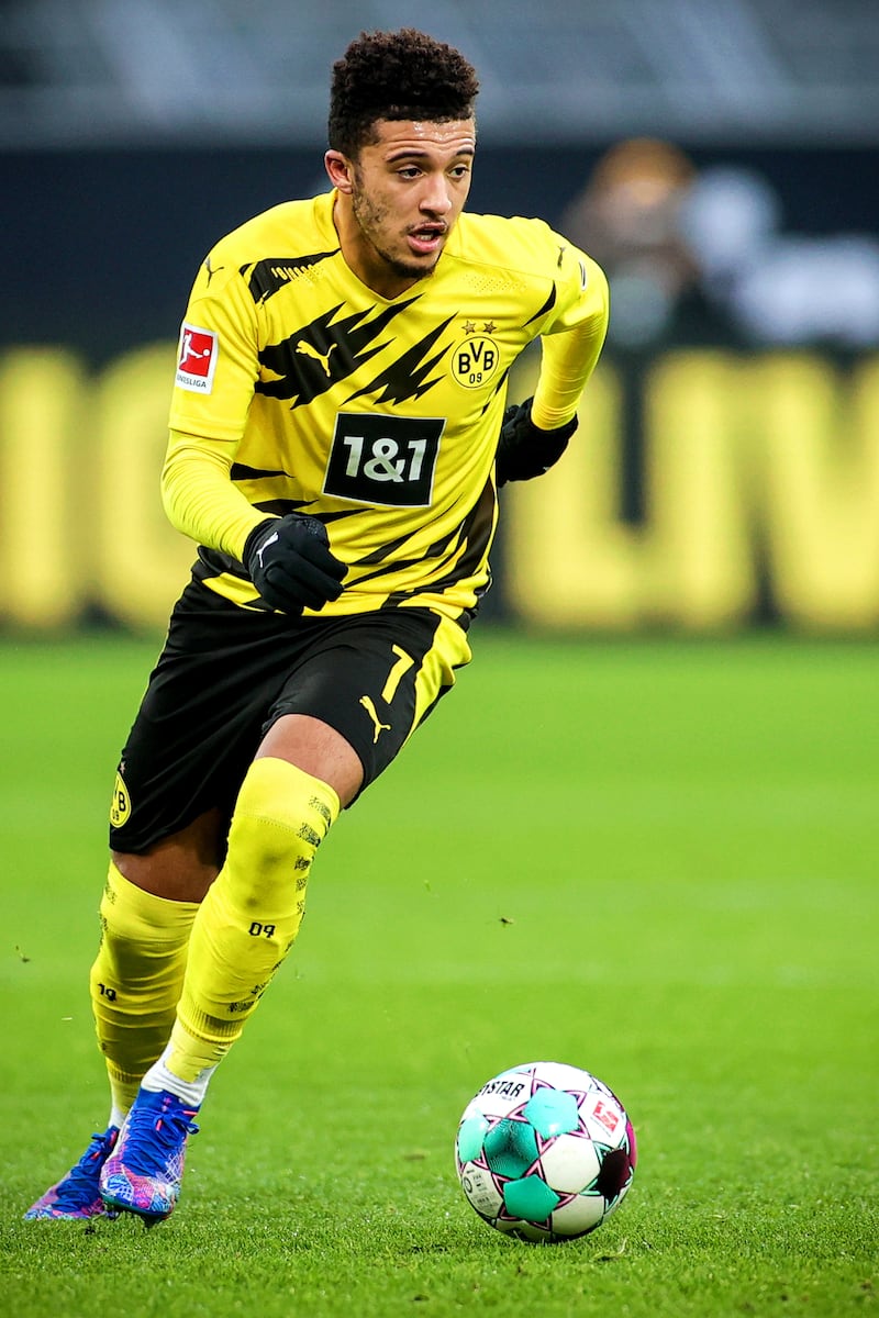 Dortmund's Jadon Sancho in action during the Bundesliga soccer match against Mainz on January 16, 2021.