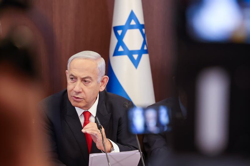 Israeli Prime Minister Benjamin Netanyahu (C) chairs a weekly cabinet meeting at the prime minister's office in Jerusalem. EPA