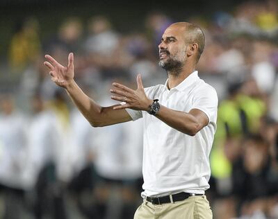 LOS ANGELES, CA - JULY 26: Manager Pep Guardiola of Manchester City reacts on the sideline during the International Champions Cup 2017 soccer match against Real Madrid at the Los Angeles Coliseum July 26, 2017, in Los Angeles, California. (Photo by Kevork Djansezian/Getty Images)