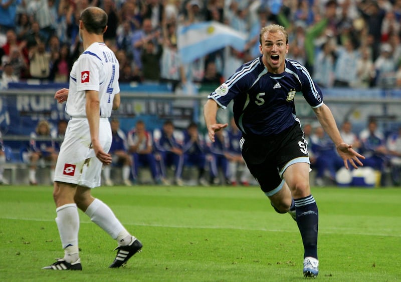Esteban Cambiasso celebrates after scoring for Argentina against Serbia during the 2006 World Cup in Germany. Getty