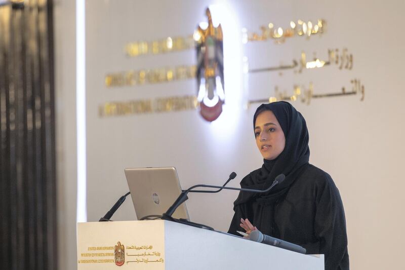 ABU DHABI, UNITED ARAB EMIRATES - February 6, 2019: An MC delivers a presentation during the 13th forum of the UAE's ambassadors and representatives of diplomatic missions, at the office of the Ministry of Foreign Affairs and International Cooperation (MOFAIC). 

( Ryan Carter / Ministry of Presidential Affairs )
---