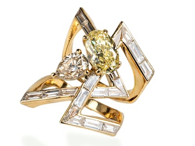 An engagement ring by Gaelle Khouri with natural yellow, brown and white diamonds. The Lebanese jewellery designer says natural diamonds hold more appeal for her