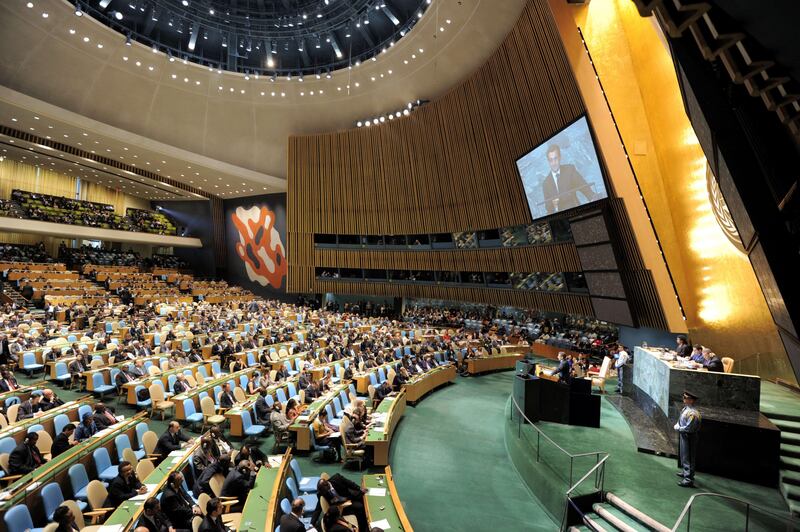 French President Nicolas Sarkozy speaks to the United Nations General Assembly September 21, 2011 at UN headquarters in New York. Sarkozy called Wednesday on the United Nations to admit Palestine as a non-member state, upgrading its status as simple observer but opposing a Palestinian bid for full membership. AFP PHOTO/Stan HONDA
 *** Local Caption ***  881105-01-08.jpg