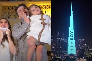 Anas and Asala Marwah, with daughter Mila, broadcast their second child's gender reveal announcement on the Burj Khalifa. YouTube