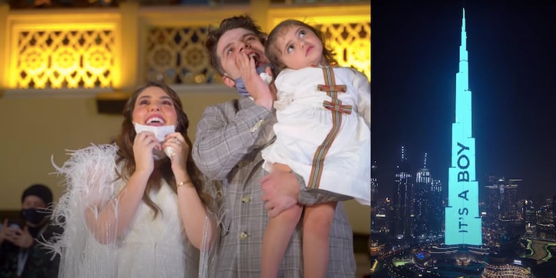 Anas and Asala Marwah, with daughter Mila, broadcast their second child's gender reveal announcement on the Burj Khalifa. YouTube
