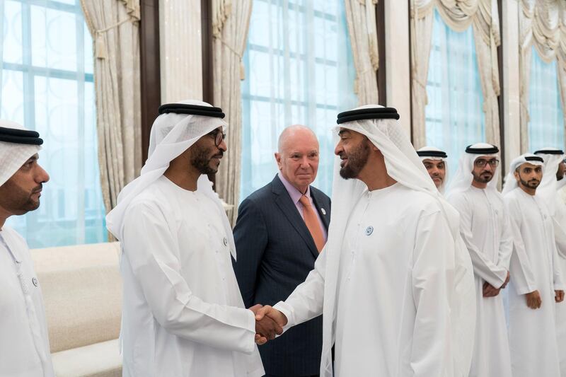 ABU DHABI, UNITED ARAB EMIRATES - June 12, 2018: HH Sheikh Mohamed bin Zayed Al Nahyan Crown Prince of Abu Dhabi Deputy Supreme Commander of the UAE Armed Forces (R) receives Abu Dhabi Investment Authority employees, during an iftar reception.
( Rashed Al Mansoori / Crown Prince Court - Abu Dhabi )
---