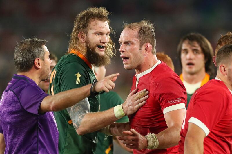 Alun Wyn Jones, captain of Wales
(R) questions referee Jerome Garces of France (L) with Rg Snyman of South Africa (C) during the Rugby World Cup 2019 Semi-Final match between Wales and South Africa at International Stadium Yokohama Yokohama, Kanagawa, Japan. GETTY IMAGES