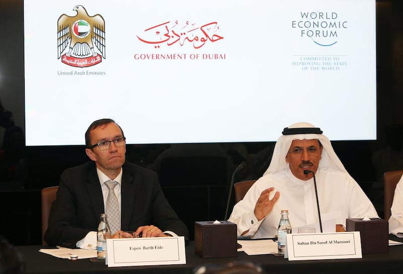 Sultan Al Mansouri, right, the UAE Minister of Economy, and Espen Barth Eide, the managing director of the World Economic Forum, at a press conference during the WEF event. Pawan Singh / The National