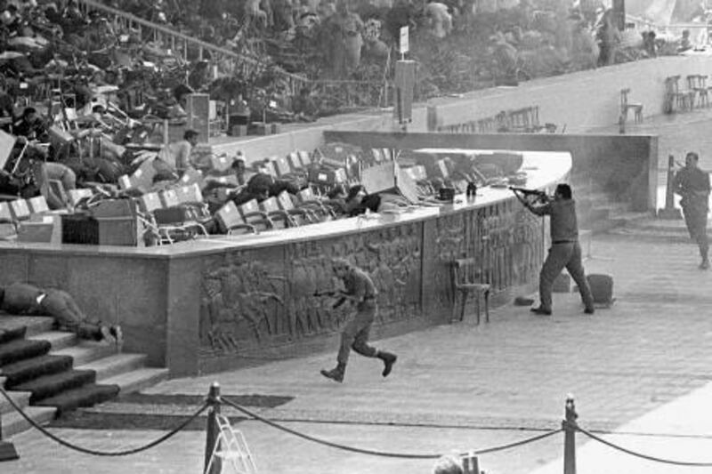 Egyptian soldiers fire on Egyptian President Anwar Al-Sadat while reviewing a military parade in honor of The October 1973 War, on October 06, 1981 in Cairo. The assassination is attributed to muslim extremist group Muslim Brotherhood.