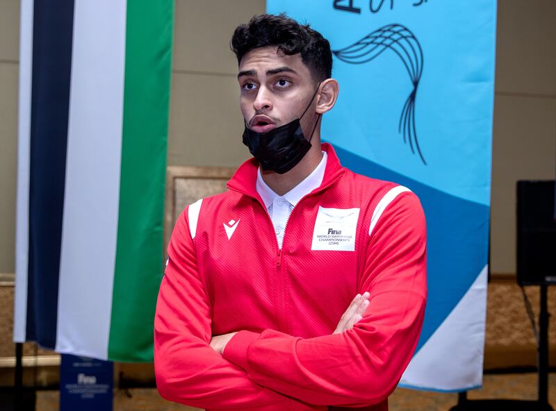 Emirati swimmer Yousuf Al Matrooshi during the Fina World Swimming Championships press conference at Emirates Palace. Victor Besa / The National