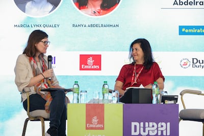 Founding editor of ArabLit, Marcia Lynx Qualey, left, in conversation with Ranya Abdelrahaman at the 2023 Emirates Airline Festival of Literature discussion on Samira Azzam's short stories Out of Time. Photo: Emirates Literature Foundation