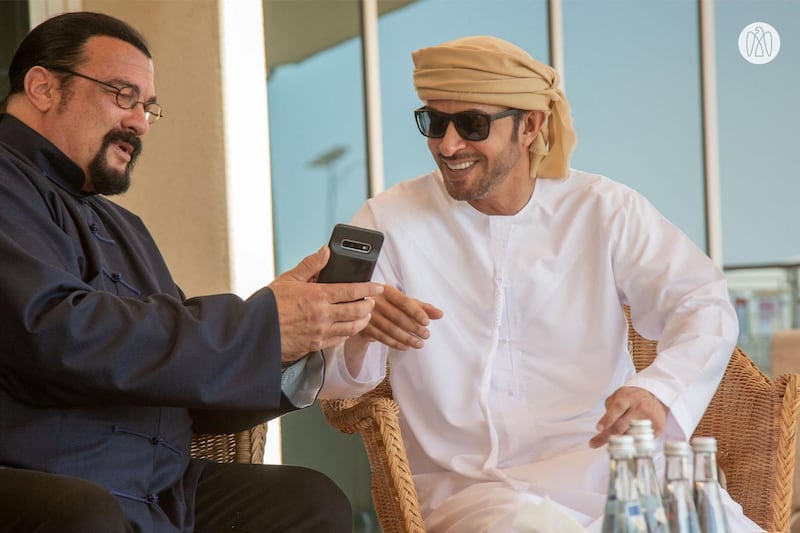 Seagal and Sheikh Hazza at the races. Courtesy: Dubai Media Office