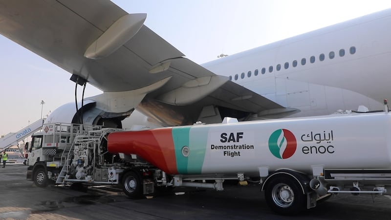 Emirates successfully tested a Boeing 777 flight with one engine entirely powered by sustainable aviation fuel in January. Andrew Scott / The National