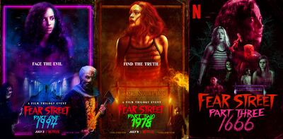Promotional art for each instalment of 'Fear Street'. Netflix via AP