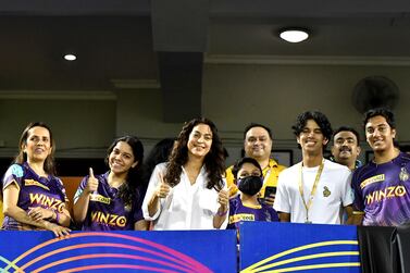 Kolkata Knight Riders co-owner Juhi Chawla with guests during match 25 of the TATA Indian Premier League 2022 (IPL season 15) between the Sunrisers Hyderabad and the Kolkata Knight Riders held at the Brabourne Stadium (CCI) in Mumbai on the 15th April 2022

Photo by SAMUEL RAJKUMAR / Sportzpics for IPL